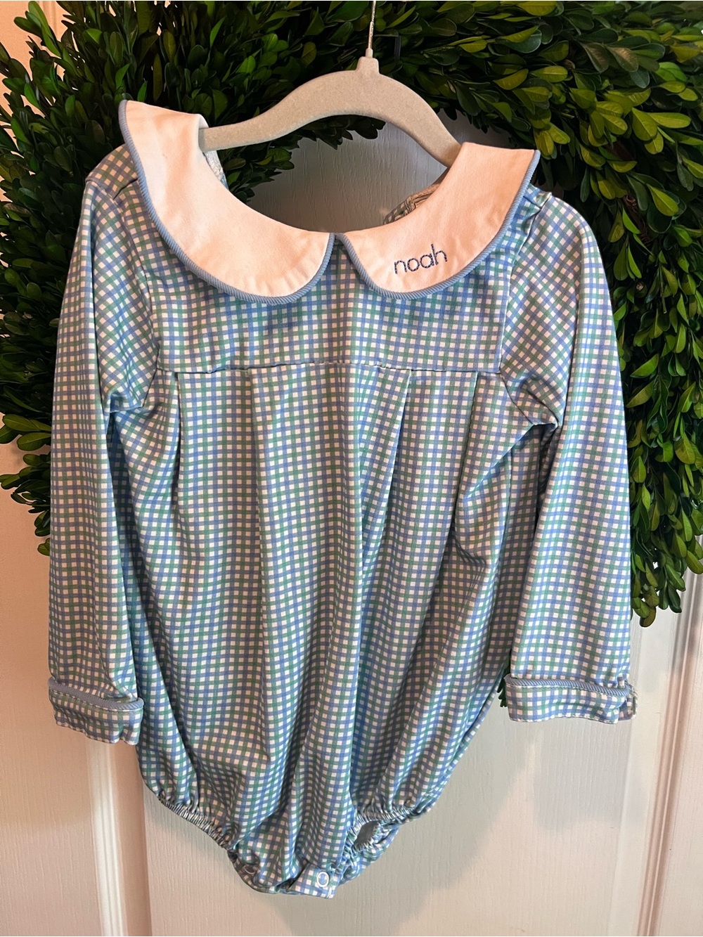 Personalized Blue Gingham Peter Pan Collar One-Piece for Kids